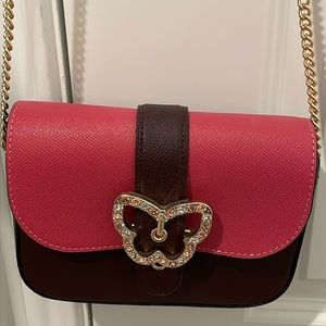 Mini Coach shoulder bag, maroon and pink with bling butterfly snap